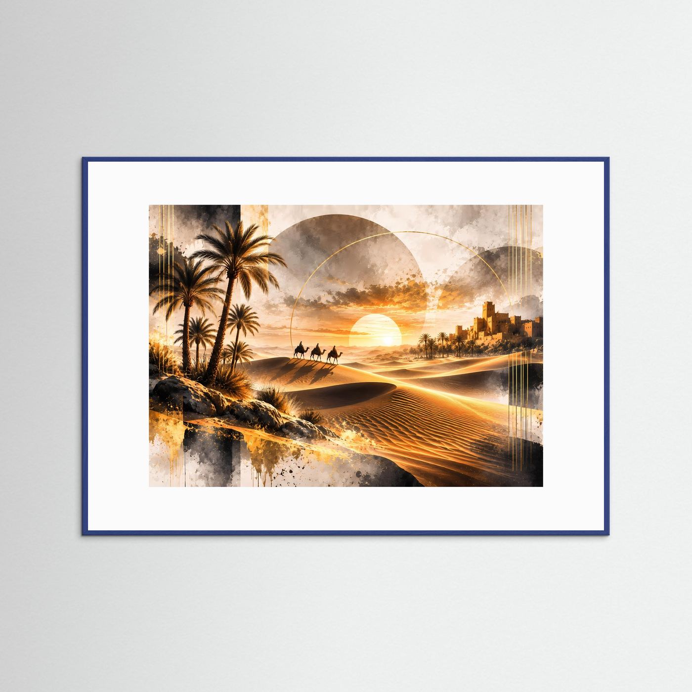 Querformat-Poster mit Wüstenlandschaft, Palmen, Karawane und Oase im goldenen Sonnenuntergang
