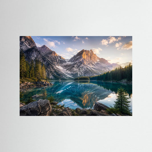 Bergsee-Poster im Querformat mit Spiegelung von Bergpanorama und türkisfarbenem See