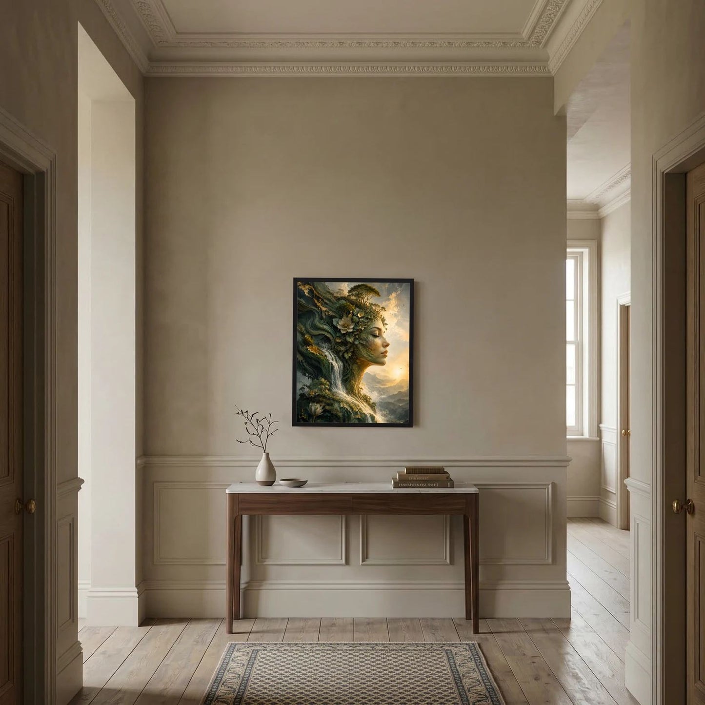 Wandbild mit Frauenprofil im Blumenkranz und Wasserfall, in dunklem Rahmen