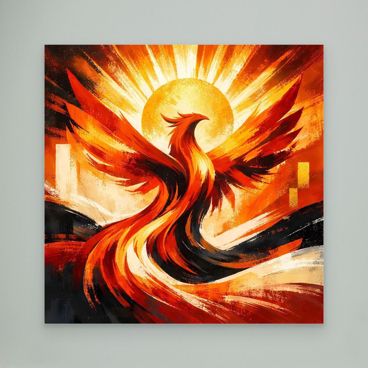 Leinwandbild: strahlender Phönix in Rot-, Gelb- und Schwarztönen mit goldener Sonne