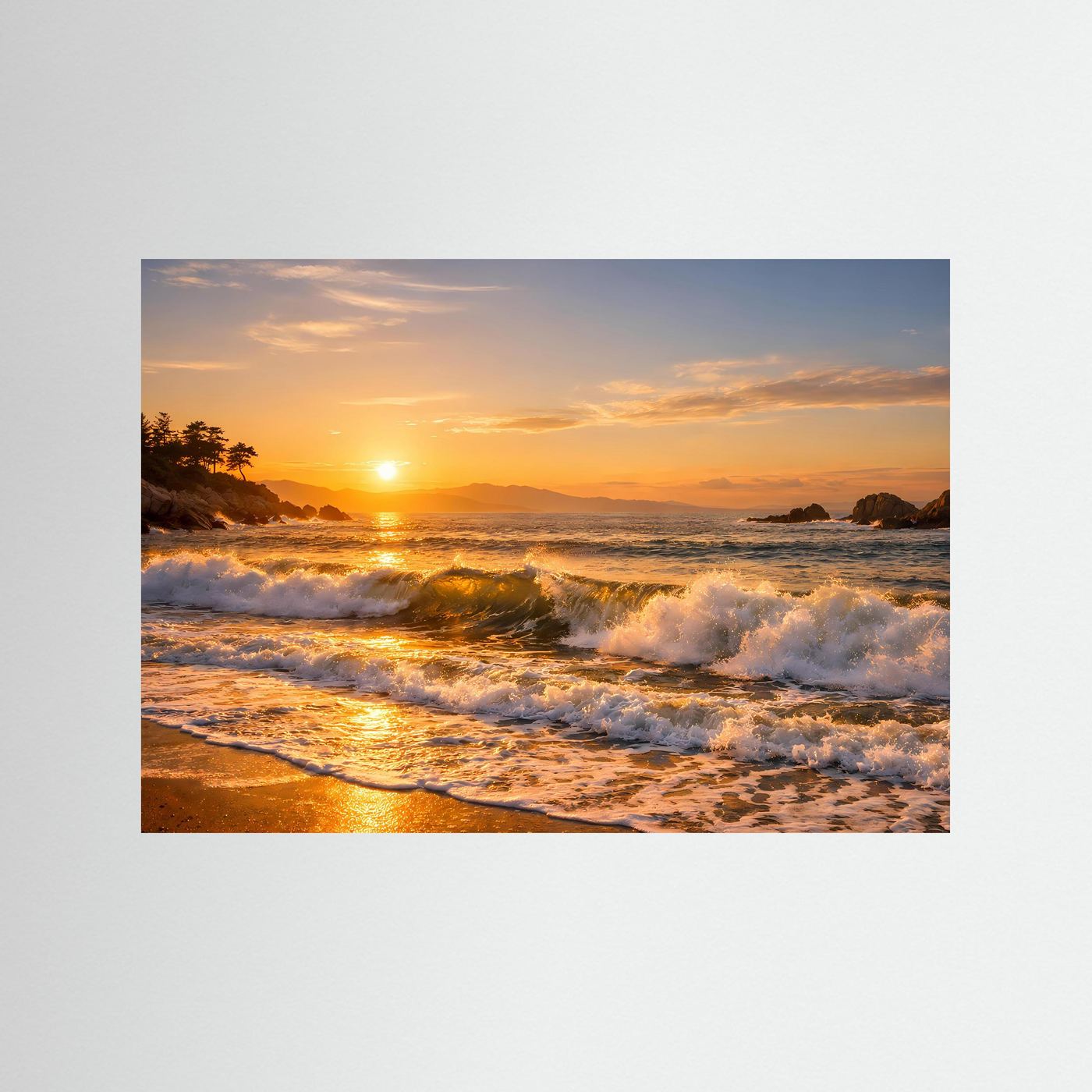 Goldener Sonnenuntergang an der Küste | Panorama Wellen & Strand Poster Querformat