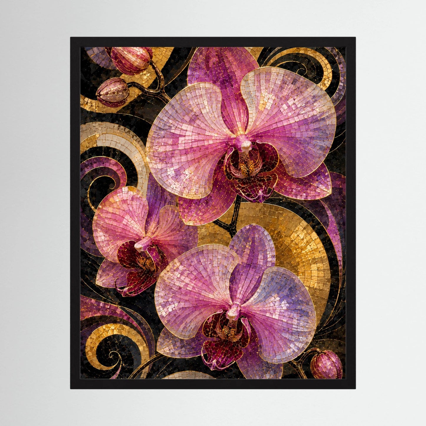 Kunstposter in schwarzem Rahmen: rosa Orchideen-Mosaik mit goldenen Wirbeln