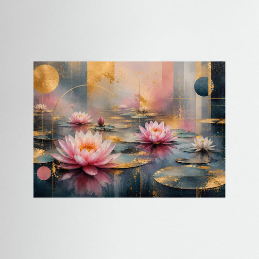 Abstraktes Lotusblüten-Poster in Rosa mit goldenen Akzenten, querformatig