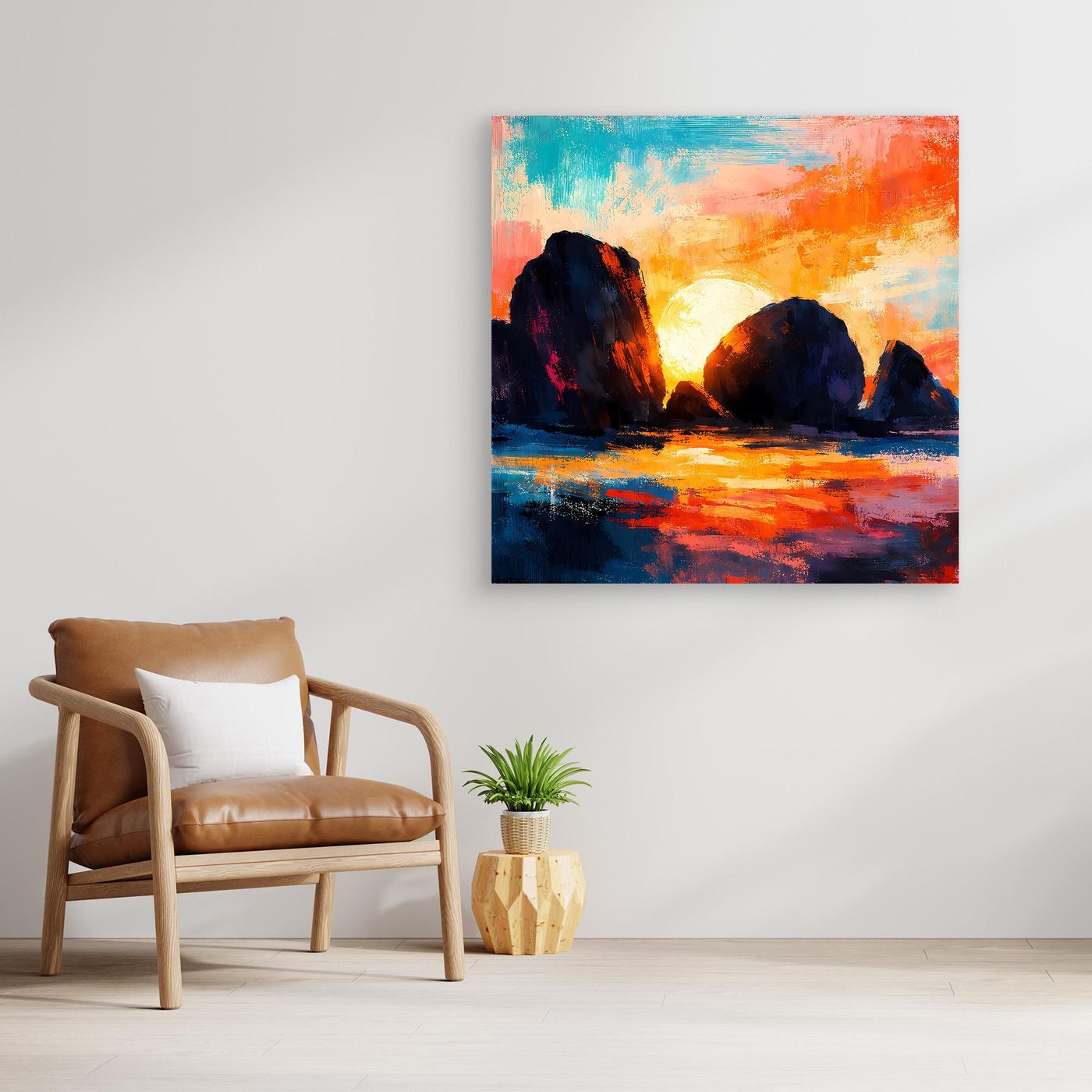 Abstraktes Leinwand-Wandbild mit Sonnenuntergang am Meer, ohne Rahmen