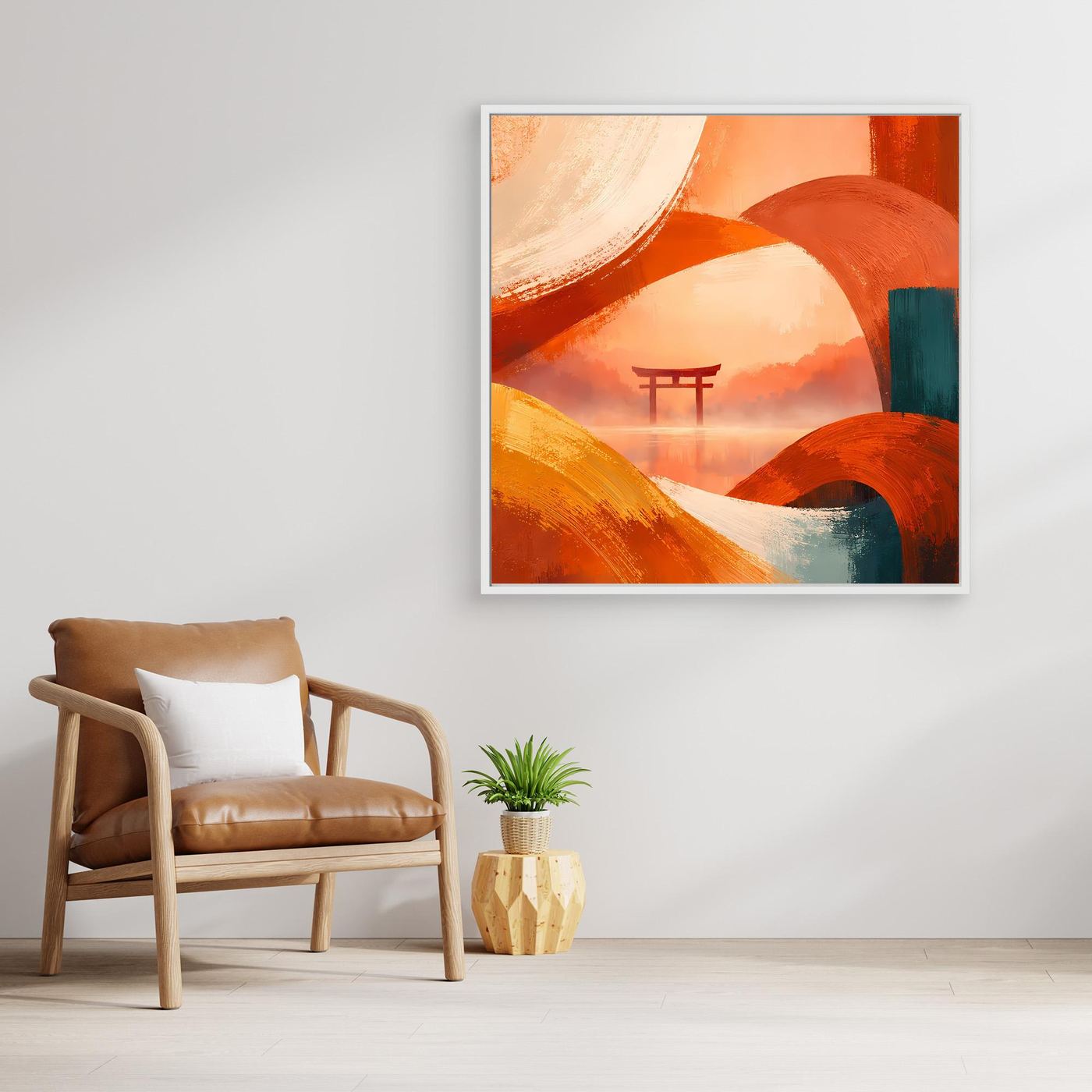 Gerahmtes Leinwandbild mit Torii-Symbol zwischen orangefarbenen geschwungenen Flächen