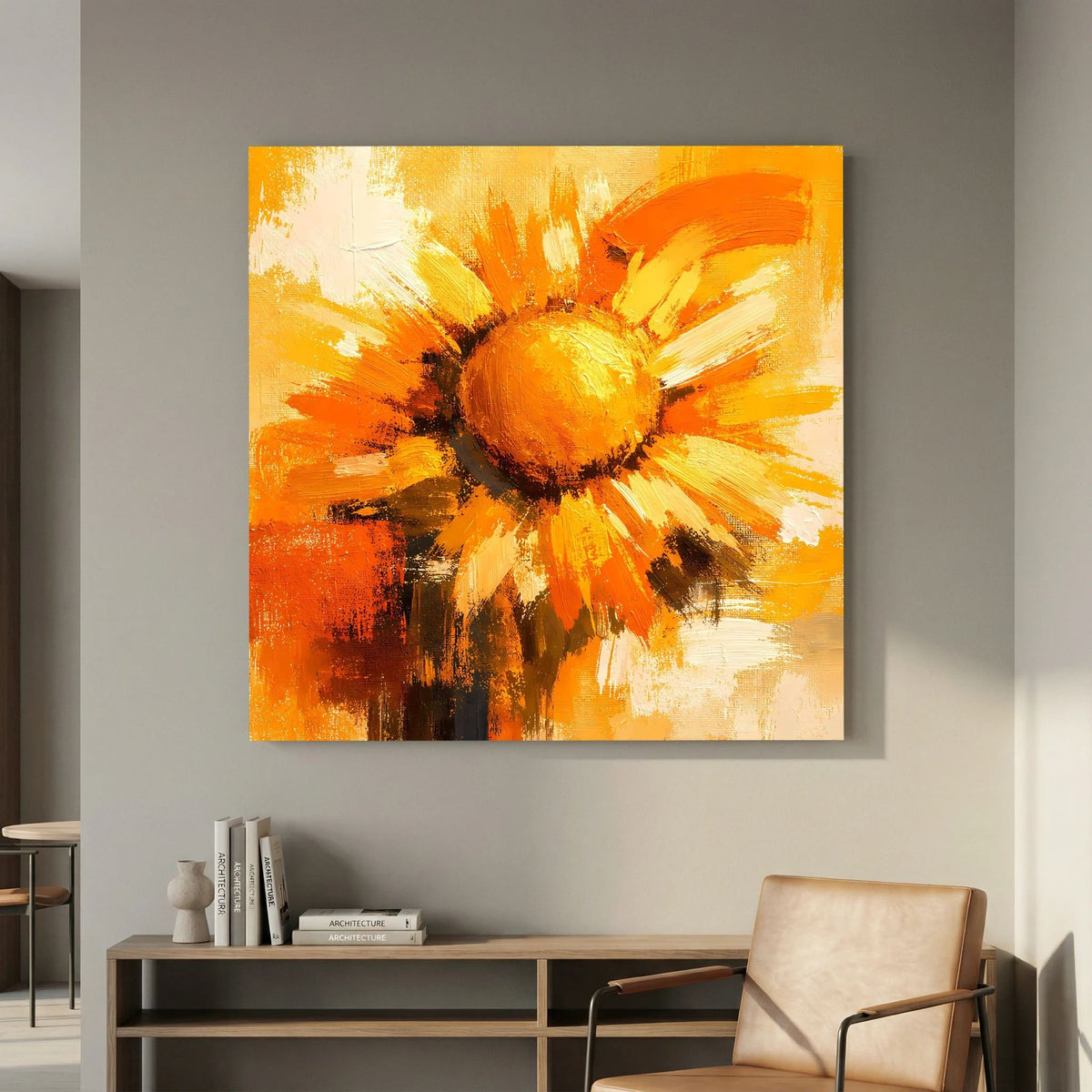 Leinwand Abstraktes Sonnenblumen Gemälde | Modernes Florales Wandbild Gelb Orange