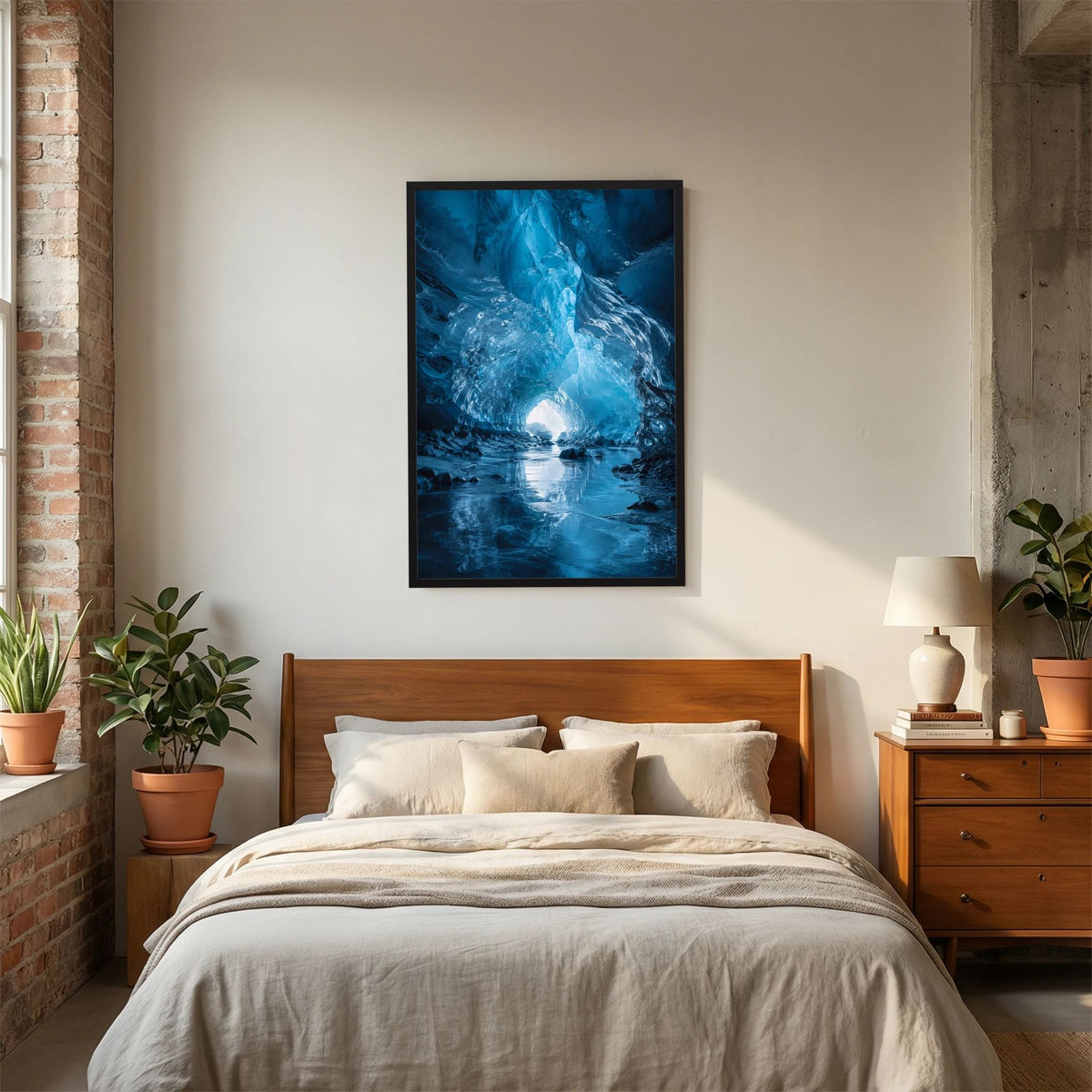 Poster im schwarzen Rahmen mit leuchtender Eishöhle in Blau und spiegelndem Boden