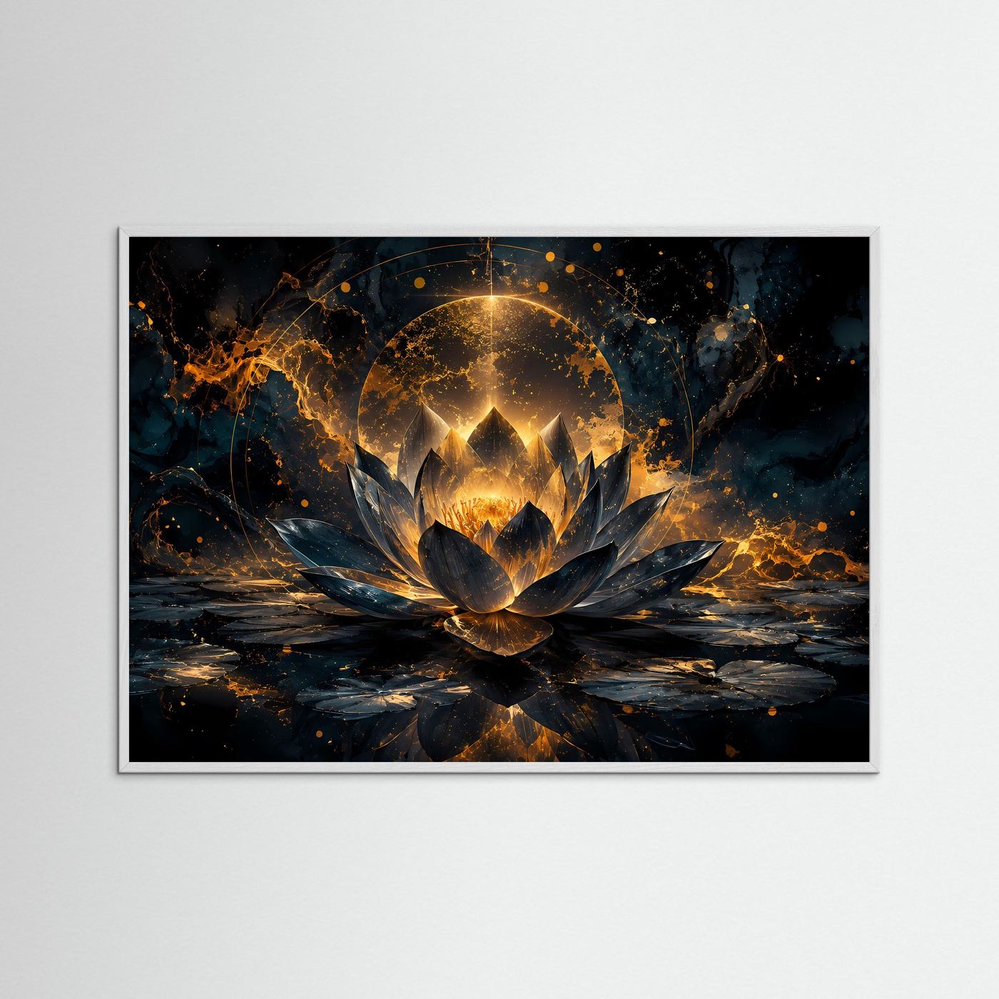 Goldener Lotus im Dunkeln Poster | Mystische Lotusblüte Schwarz Gold Elegantes Zen Wandbild Querformat