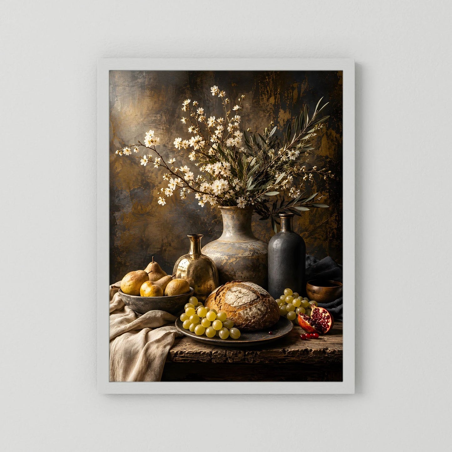 Kunstposter mit hellem Rand im weißen Rahmen: goldene Blumen, Früchte und Brot