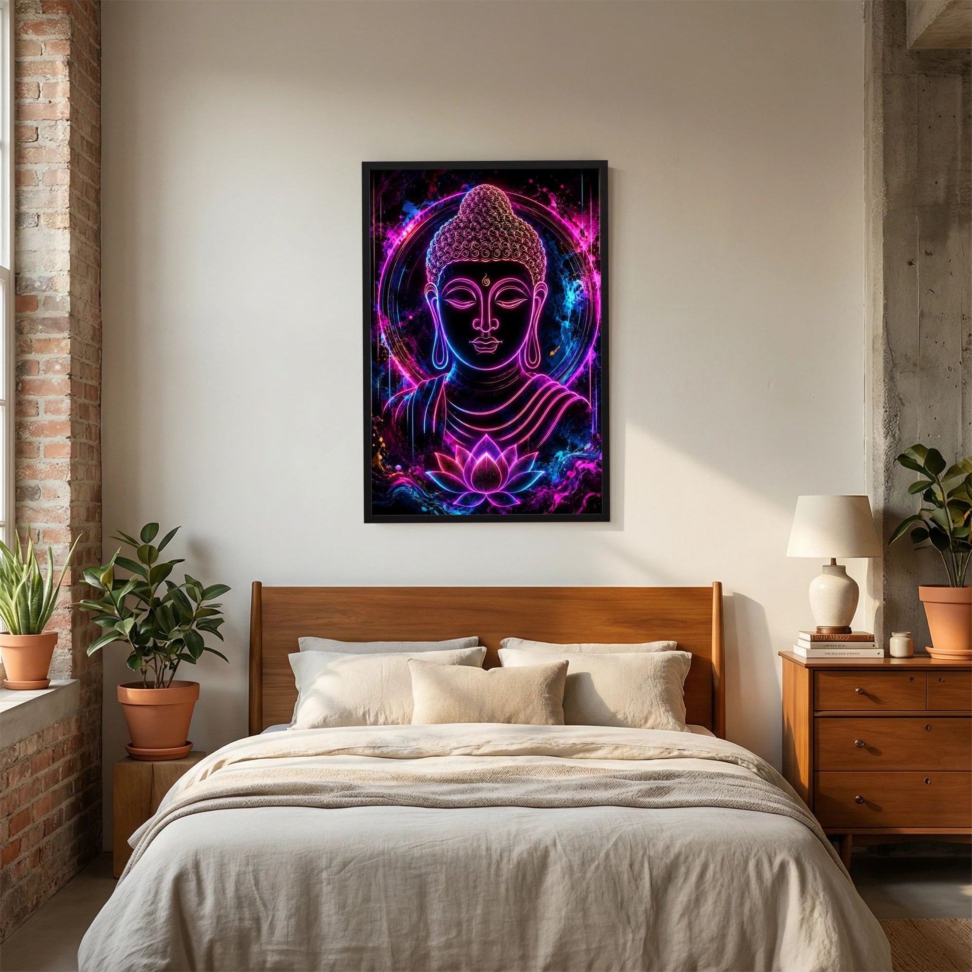 Neon-Buddha-Kunstwerk im schwarzen Rahmen, Buddha mit Lotus in pink-blauem Leuchten