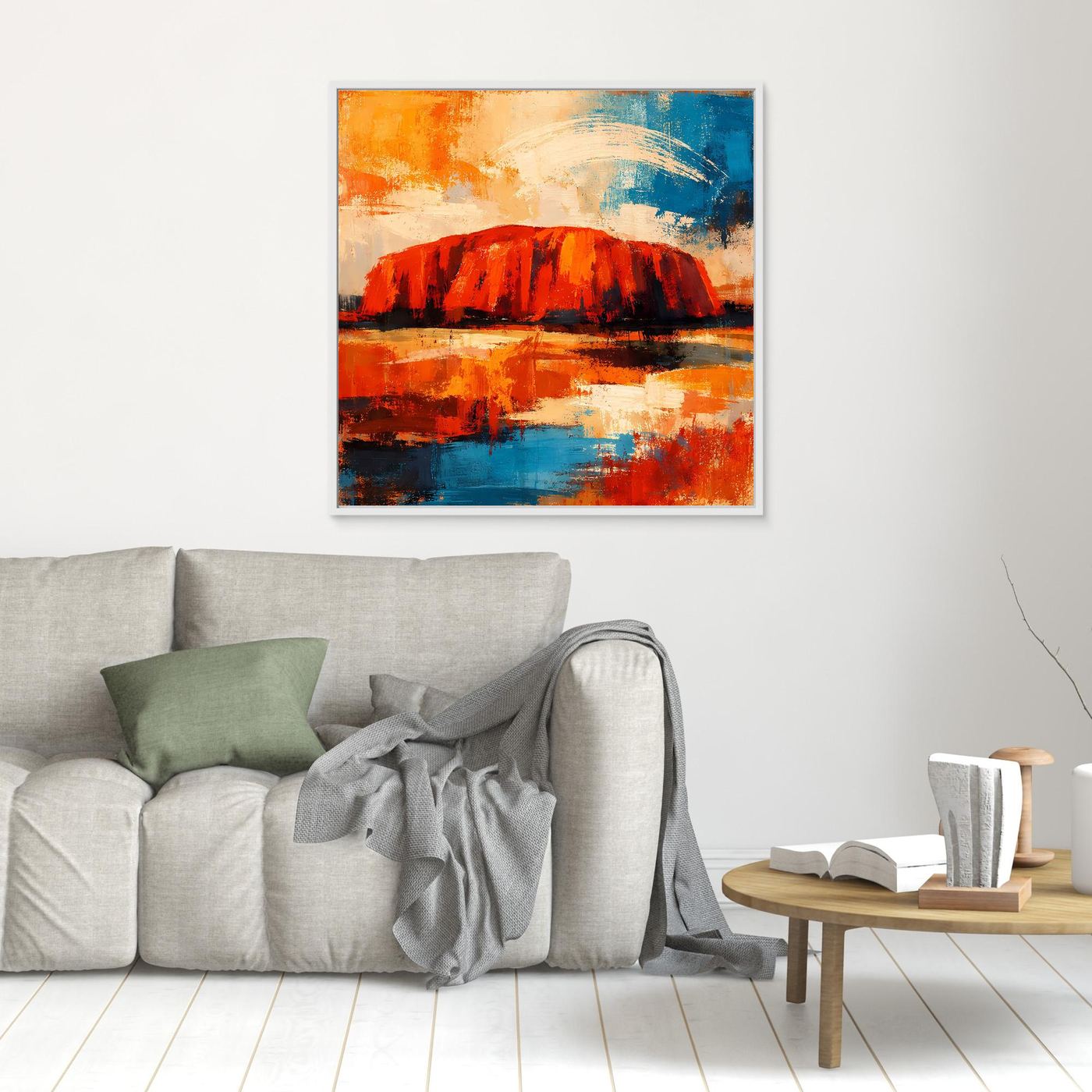 Kleines Leinwand-Wandbild mit rotem Felsmonolith und Blau-Orange Abstraktion, weißer Rahmen