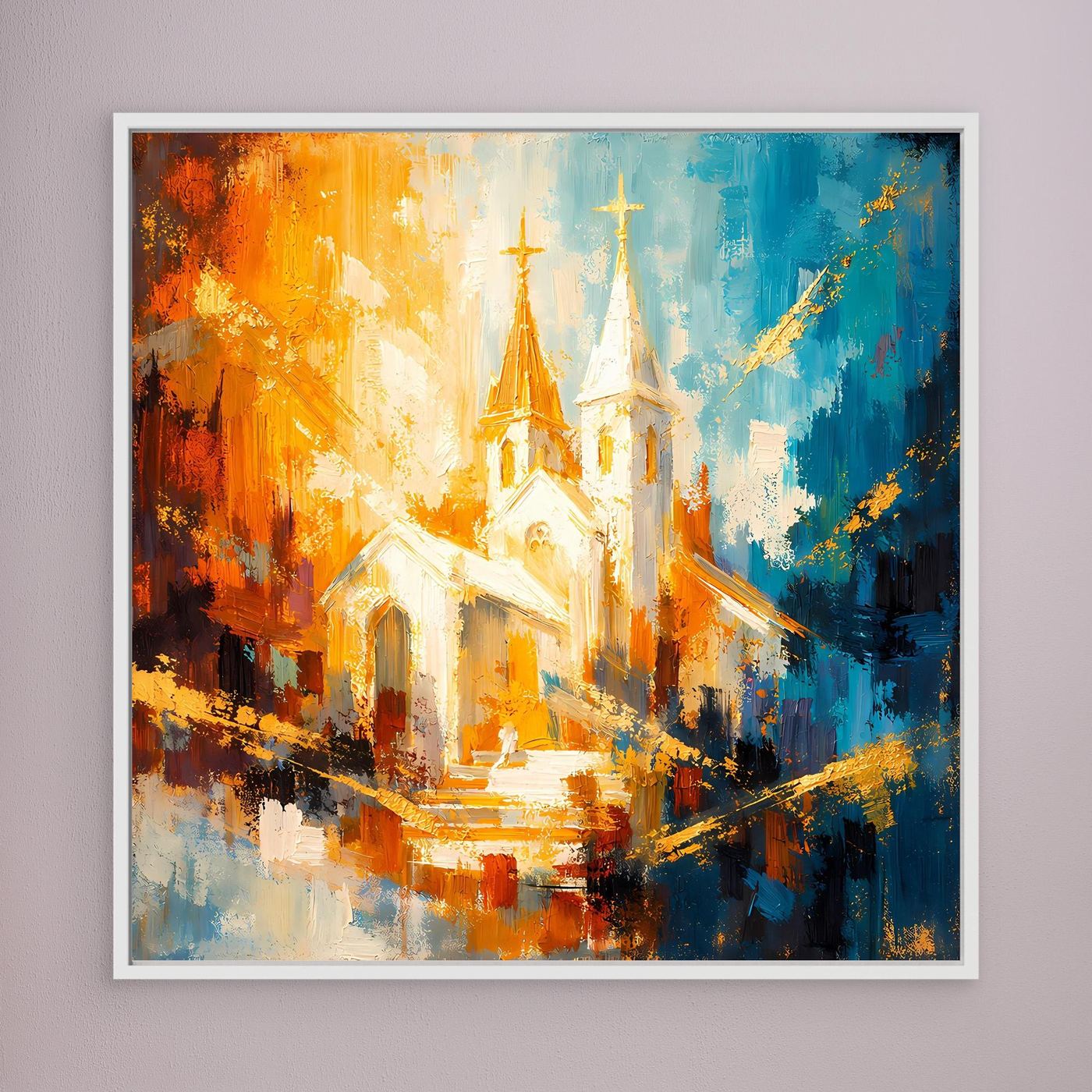 Leinwandbild mit abstrakter Kirche, weißer Rahmen, goldene Akzente vor Orange‑Blau