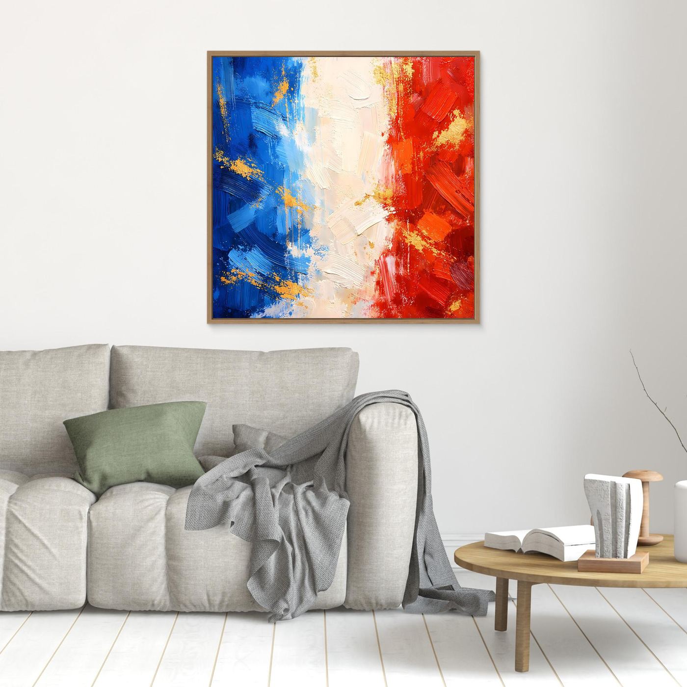 Leinwandbild mit abstrakter Frankreich-Flagge in Blau, Weiß und Rot, goldbraun gerahmt