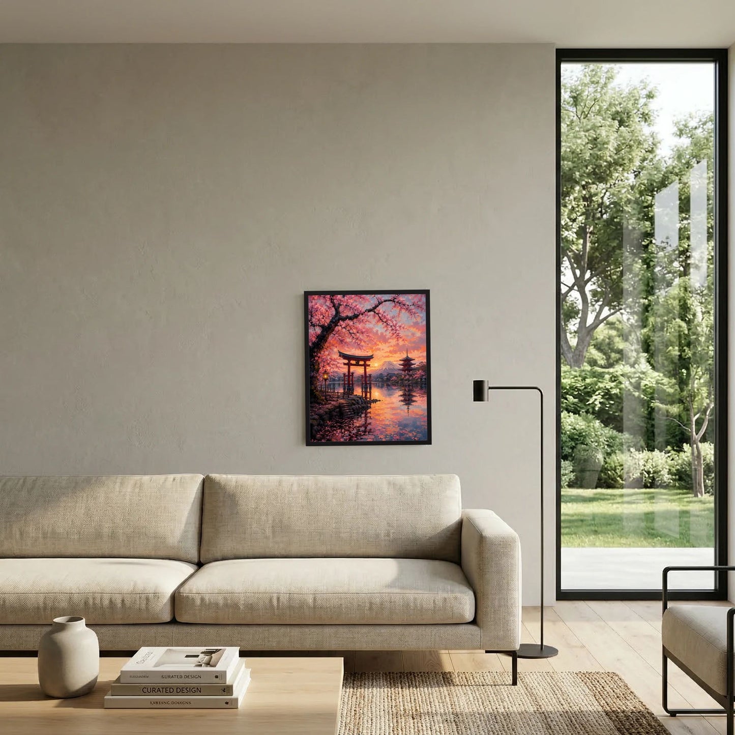 Wandposter im schwarzen Rahmen an der Couchwand: Torii, Kirschblüten, Pagode und Berg