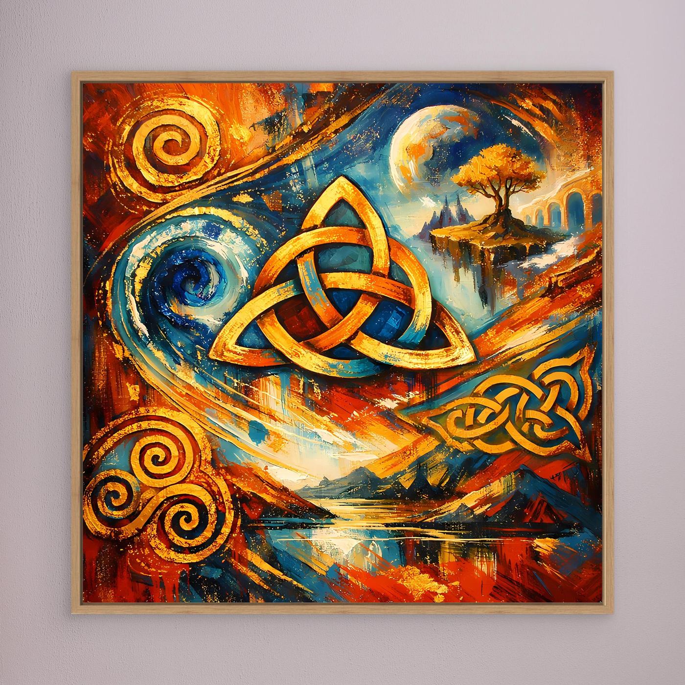 Hellbraun gerahmtes Leinwandbild mit keltischem Triqueta in Blau, Orange und Gelb