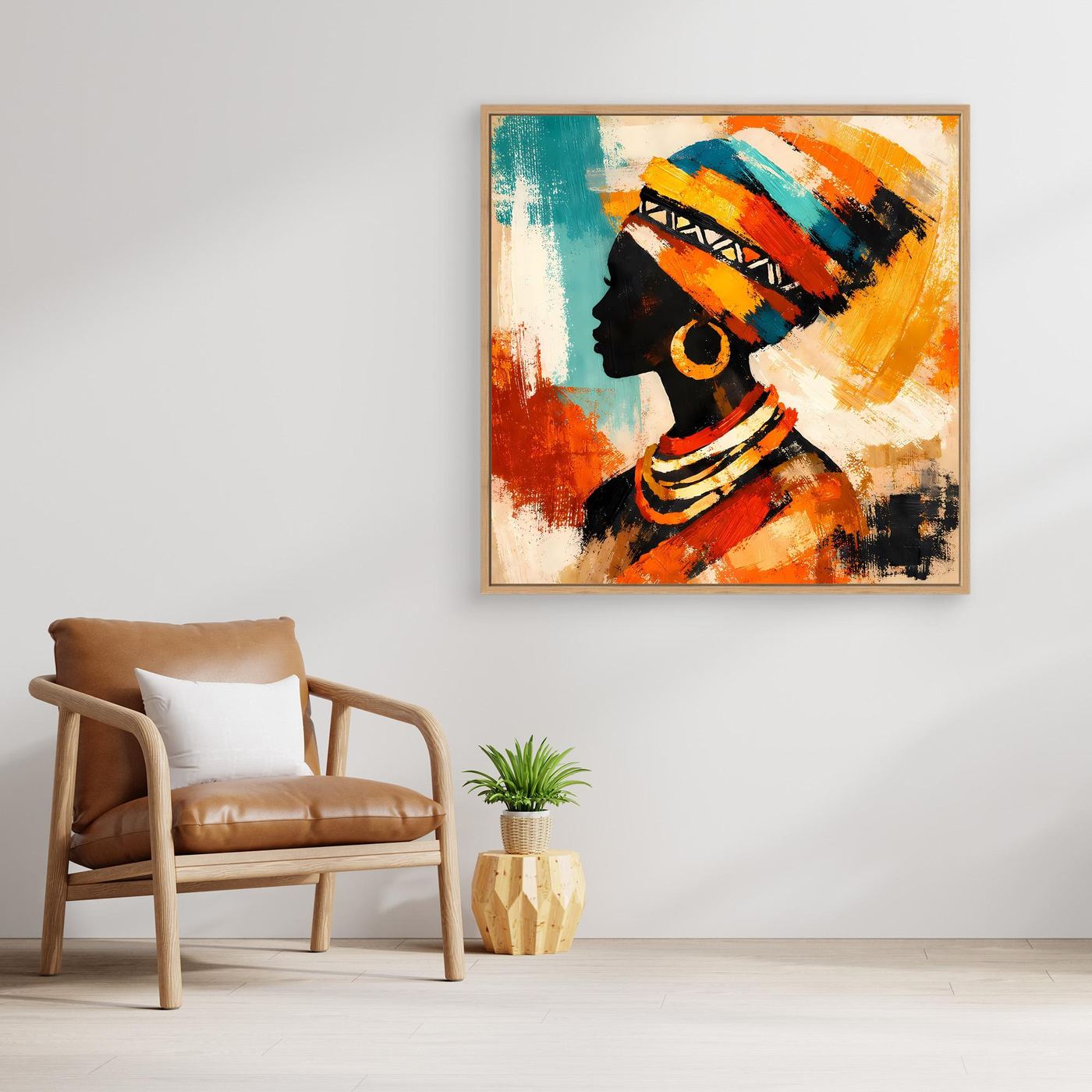 Framed abstract canvas wall art depicting a woman in side profile with teal and orange tones
