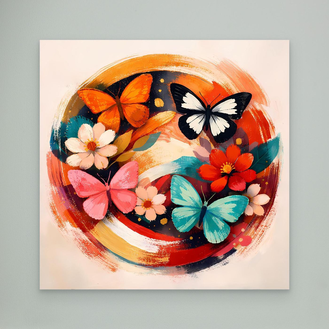 Leinwandbild mit rundem Motiv: bunte Schmetterlinge und Blumen