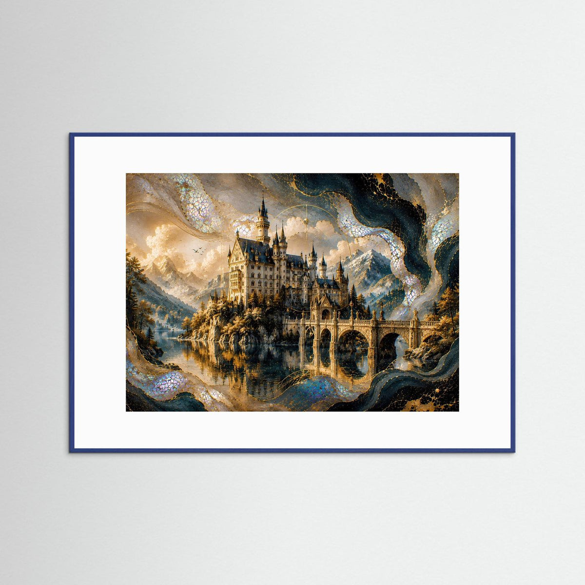 Gerahmtes Poster im Querformat mit Märchenschloss in Gold- und Perlmuttfarben, blauer Rahmen