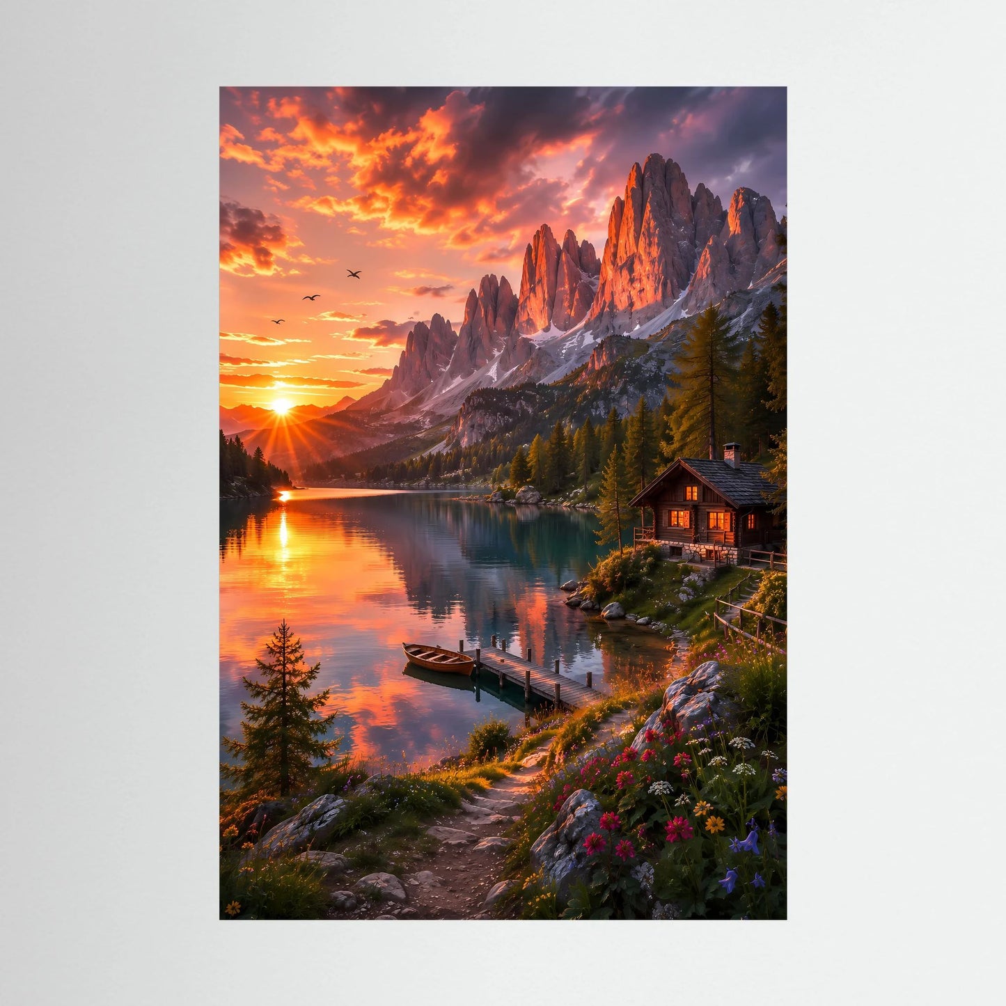 Hochformatiges Poster mit Bergsee, Sonnenuntergang und leuchtenden Gipfeln