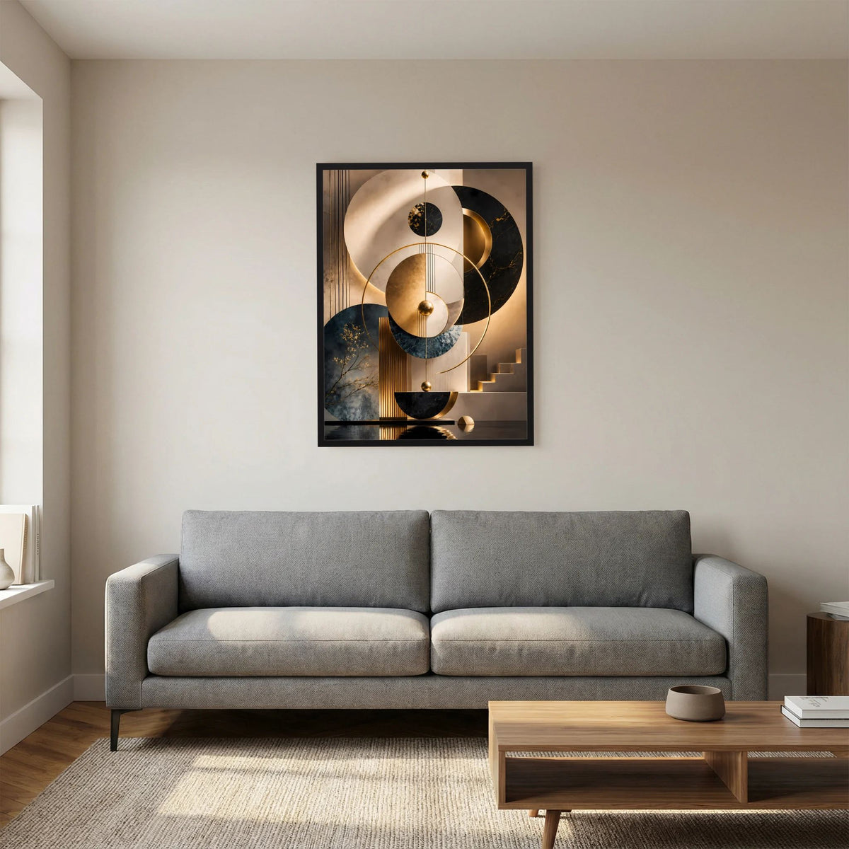 Gerahmtes Hochformat-Poster: abstrakte Kreise in Gold, Schwarz, Beige und Petrol auf dunklem Grund