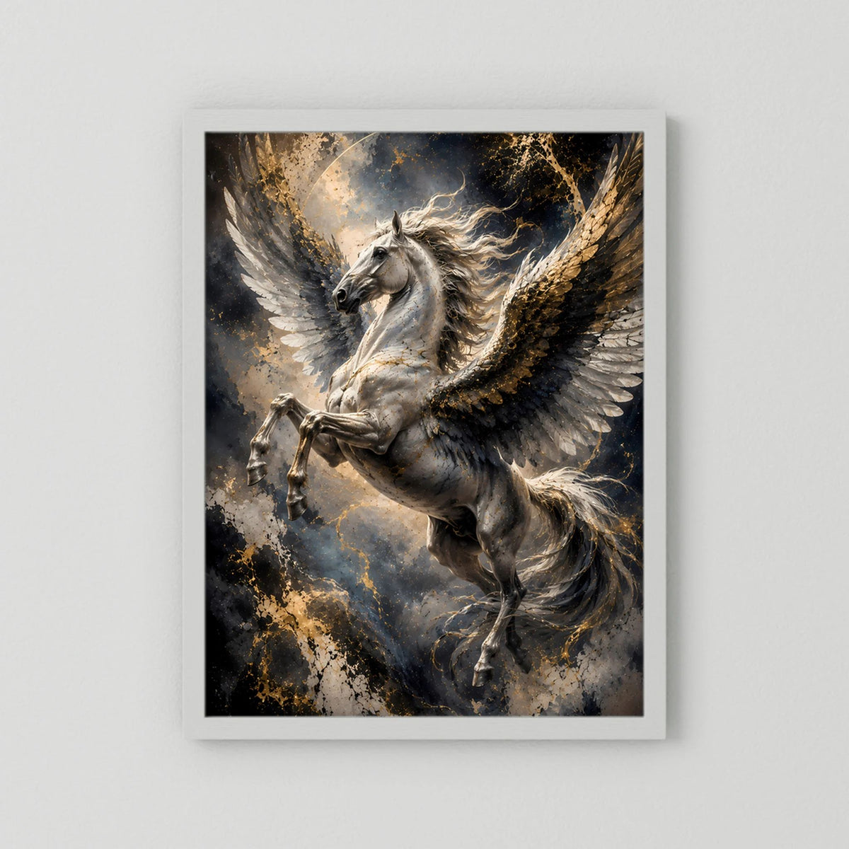 Hochformat-Poster mit Pegasus mit goldenen Flügeln und silbernem Körper, weißer Rahmen
