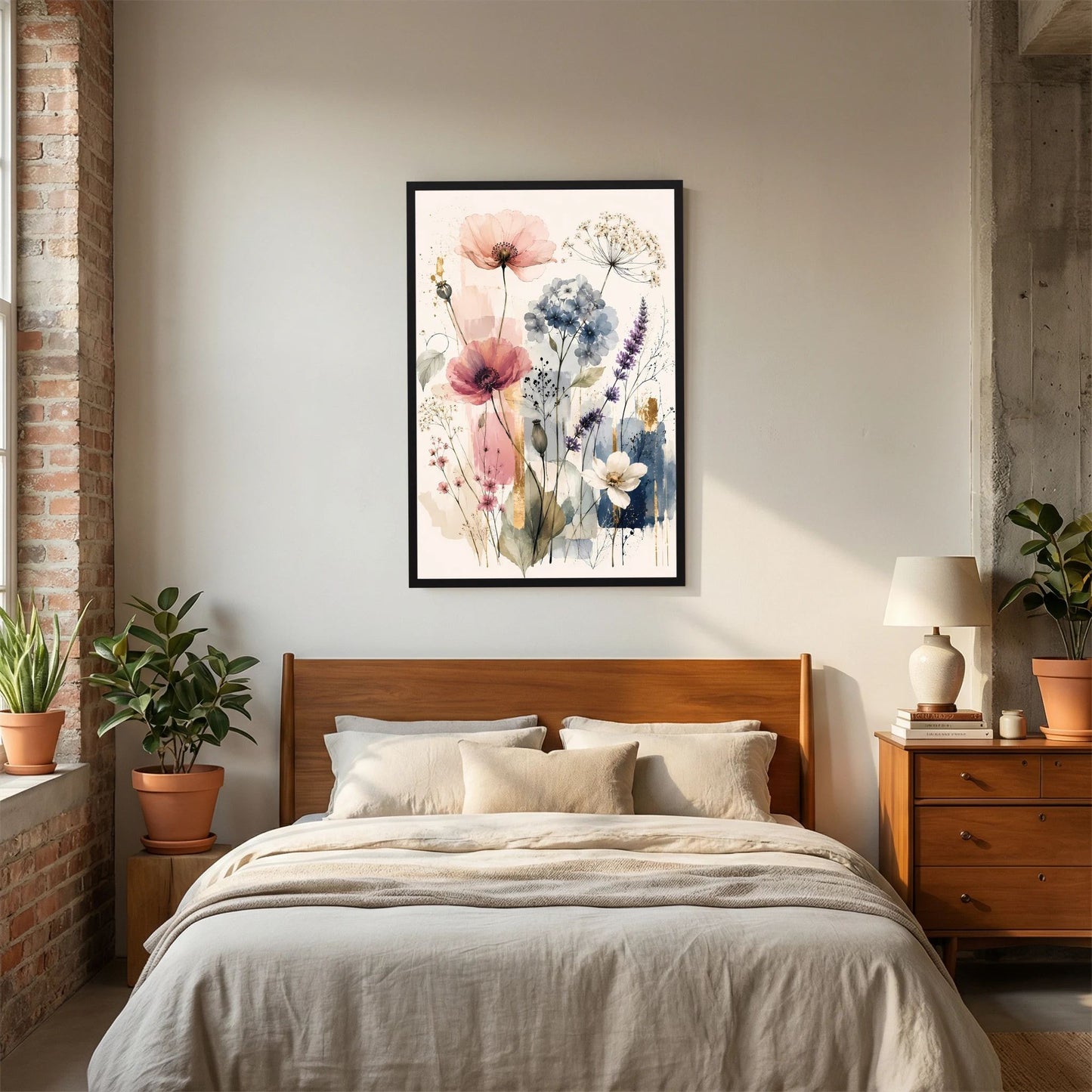 Kunstposter im Hochformat mit Blumenillustration in Pastell, schwarzer Rahmen