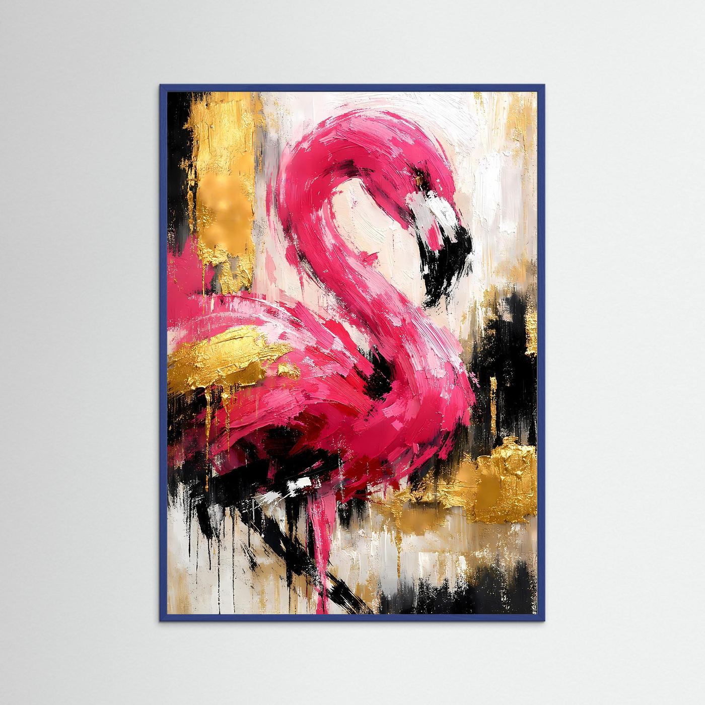 Abstraktes Flamingo-Poster im blauen Rahmen, pink-magenta, goldene und cremefarbene Sprenkel.