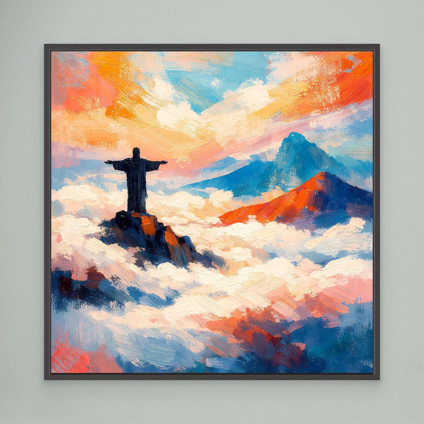 Wandbild auf Leinwand: abstrakter Christus auf Wolken, farbiger Himmel, schwarz gerahmt