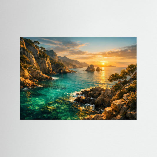 Panorama-Meerposter mit türkisfarbenem Wasser und Sonnenuntergang an der Steilküste