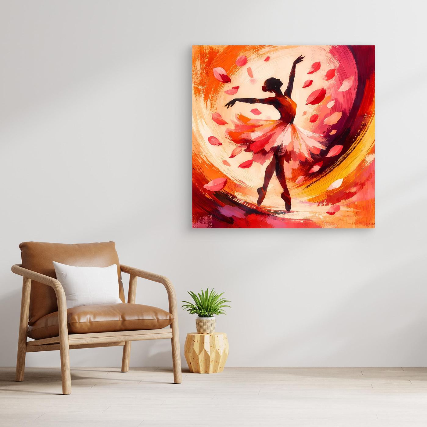 Leinwandbild mit Ballerina-Silhouette, rote Blüten und orange-gelber Lichtbogen
