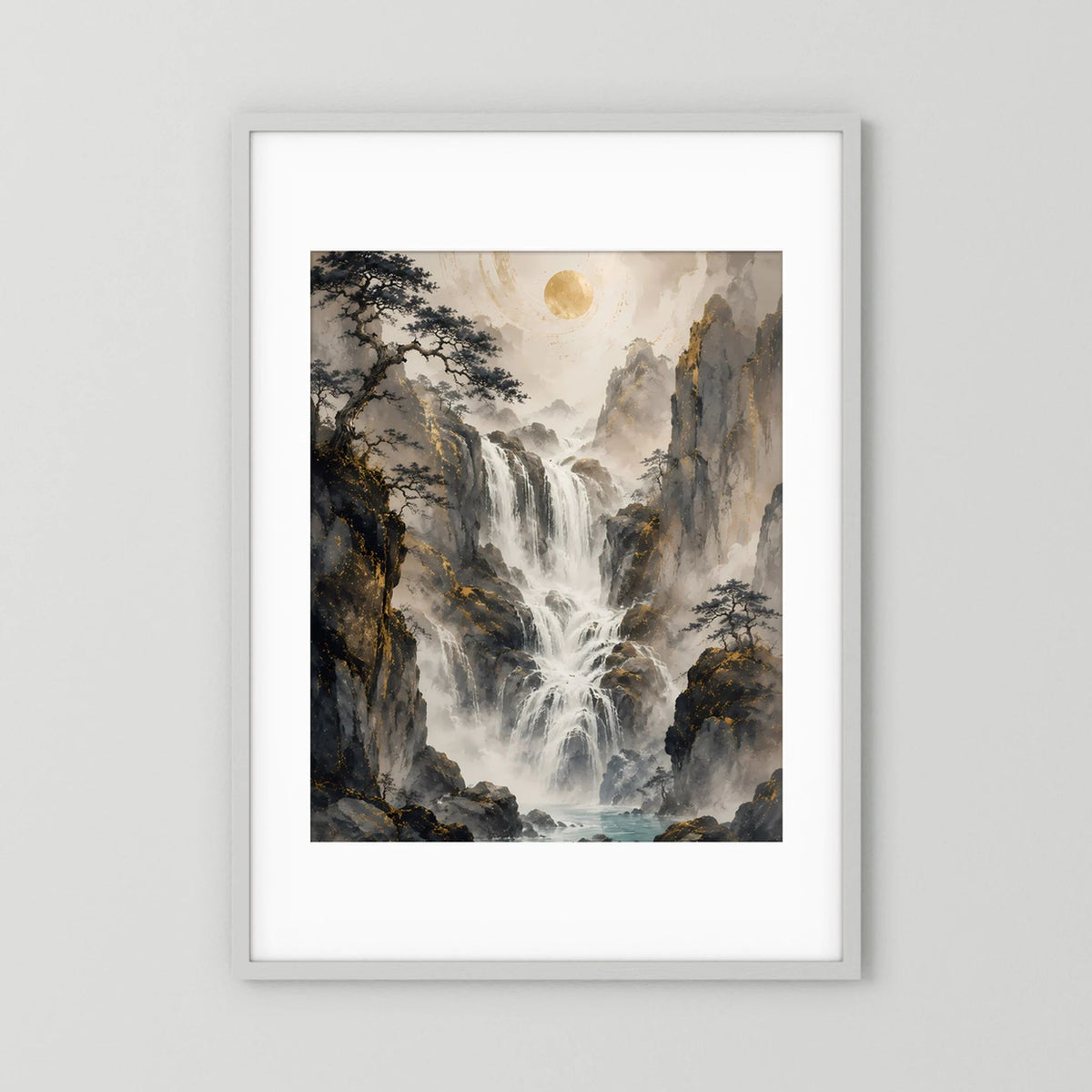 Hochformat-Poster mit Wasserfallmotiv, im weißen Rahmen mit weißem Passepartout