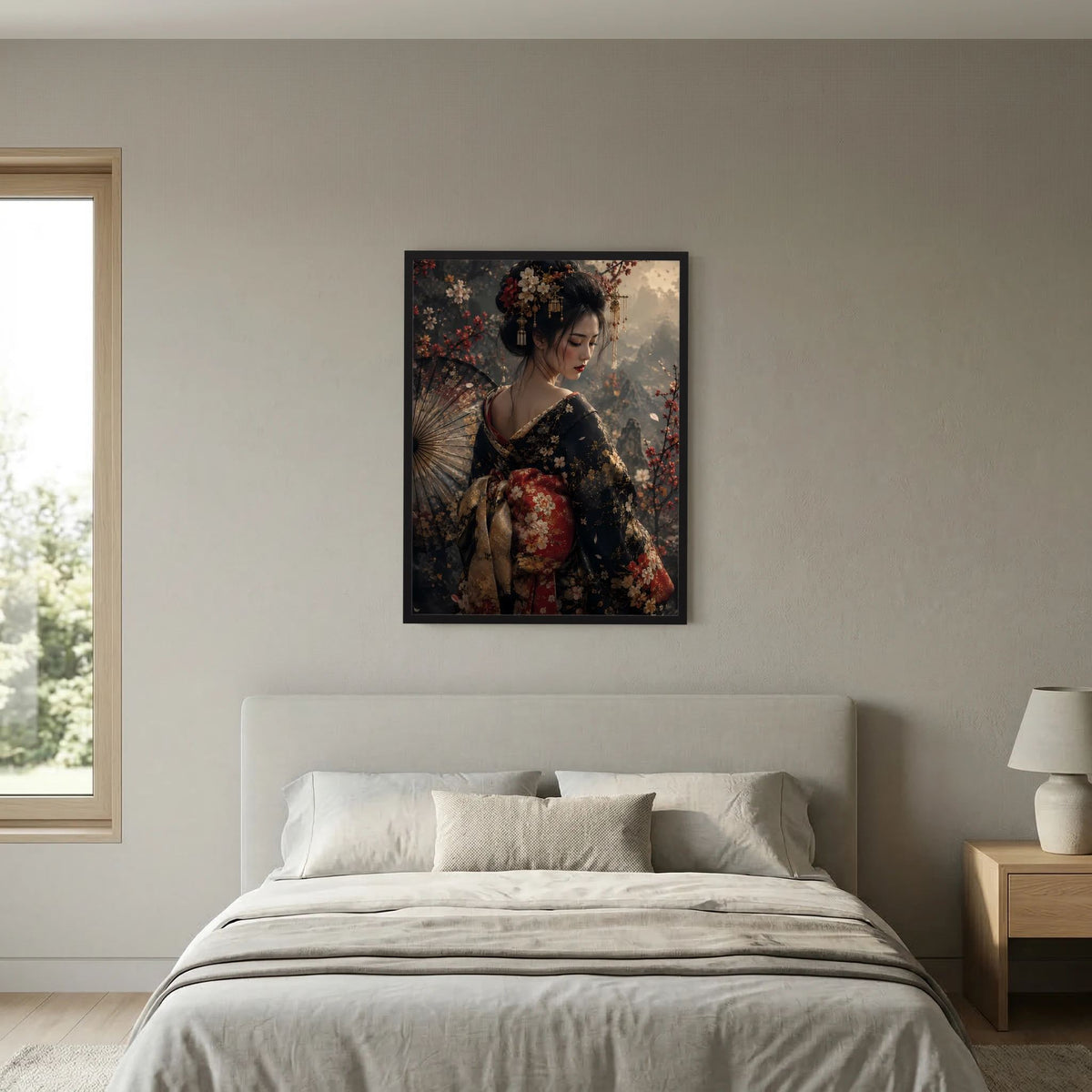 Hochformatiges Wandposter mit Geisha-Frau im floralen Kimono und traditionellem Fächer