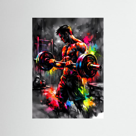 Die Kraft des Fokus | Bodybuilder Poster in kraftvollen Neonfarben & Graffiti-Optik | Abstraktes Kunstposter Hochformat