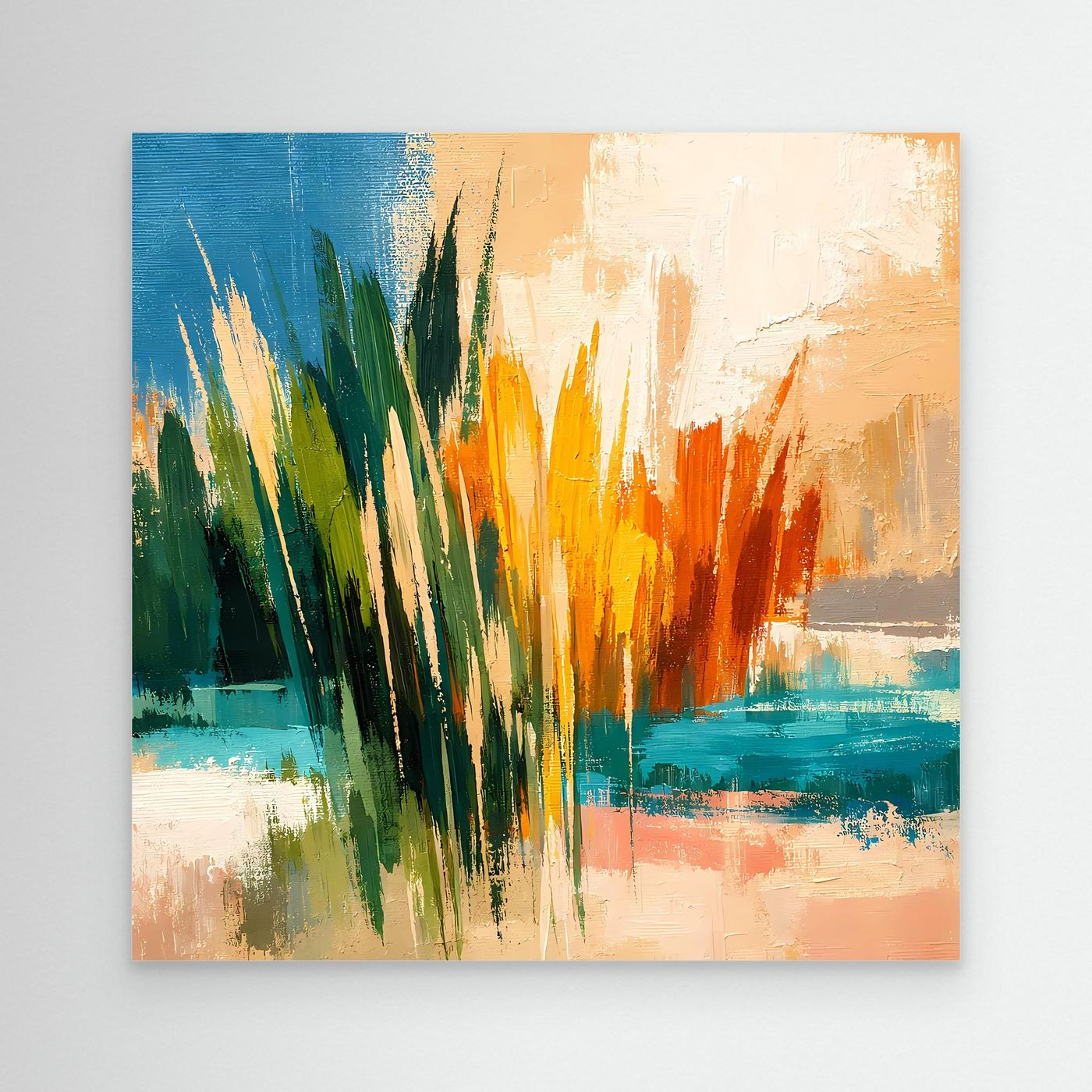 Wandbild mit abstrakter Schilflandschaft und Meer, ohne sichtbaren Rahmen