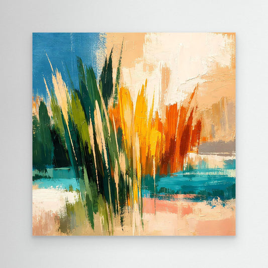 Wandbild mit abstrakter Schilflandschaft und Meer, ohne sichtbaren Rahmen