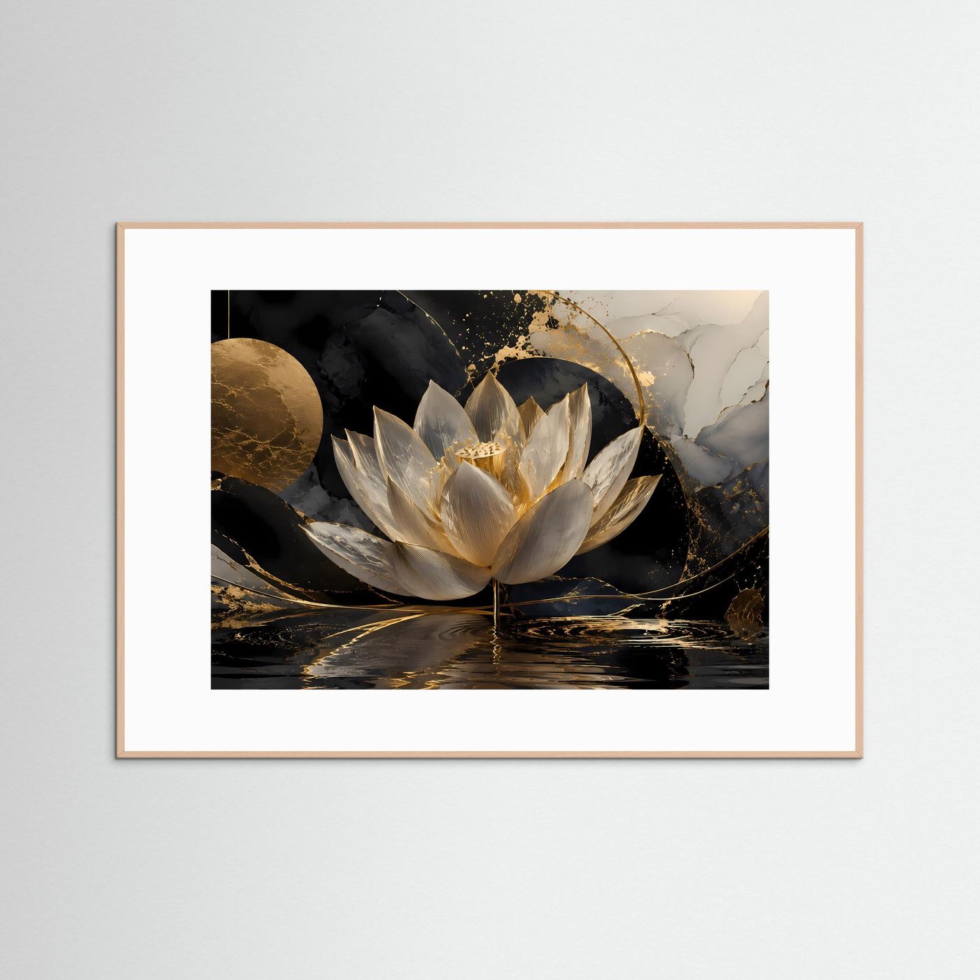 Weiße Lotusblüte Wandbild | Schwarz Gold Lotus Kunst | Elegante Zen Botanical Wall Art | Luxuriöse Meditation Leinwand | Moderne Wellness Deko