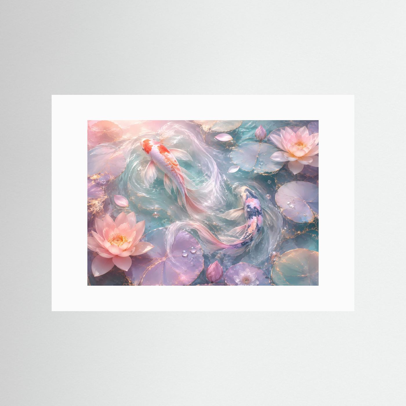 Koi-Karpfen & Lotusblüten in Pastell | Elegante Zen-Wandkunst mit Goldakzenten