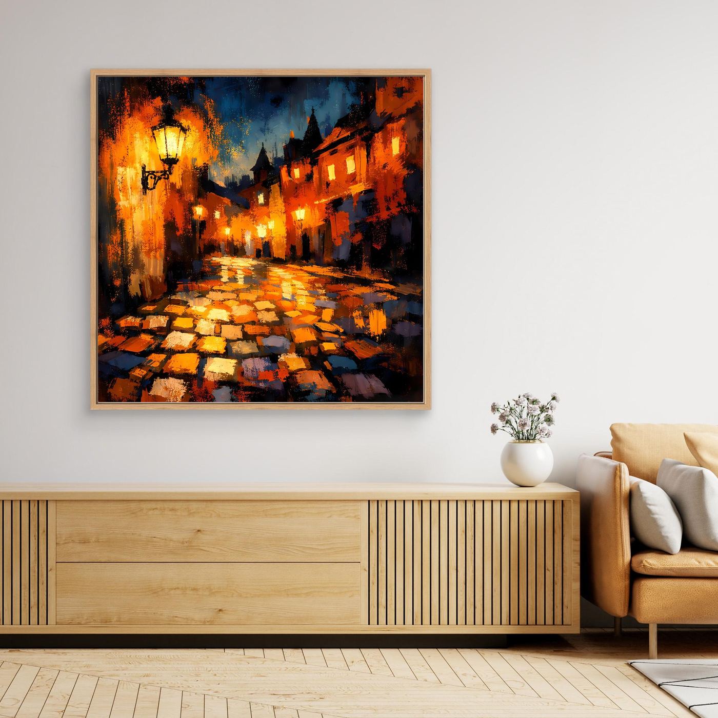 Leinwand Abstraktes Altstadt Gemälde | Modernes Romantisches Gassen Wandbild bei Nacht