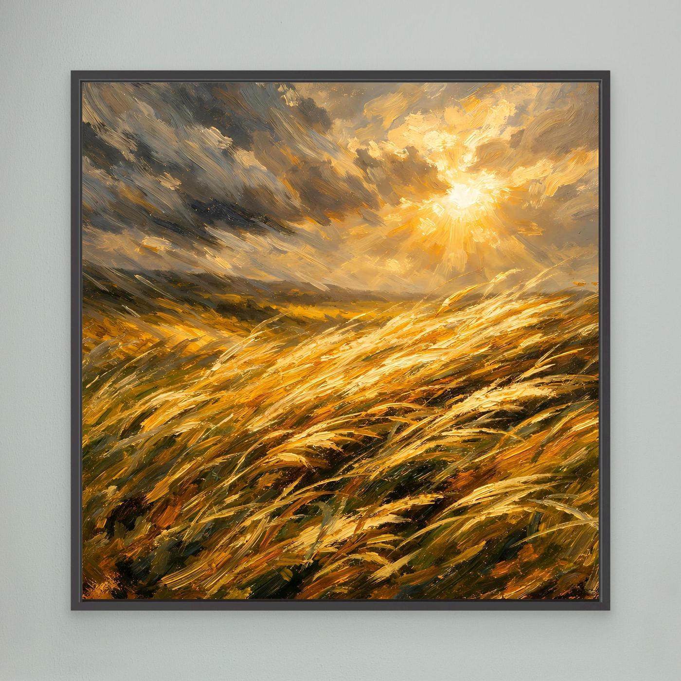 Leinwandbild mit goldenem Getreidefeld im Wind und leuchtender Sonne, schwarzer Rahmen