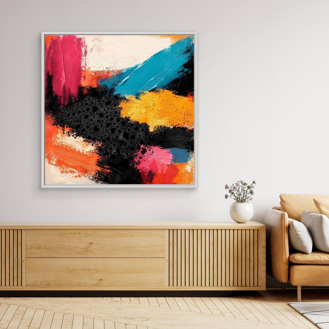 Abstraktes Wandbild auf Leinwand mit schwarzem Rahmen, rote, blaue und orange Flächen