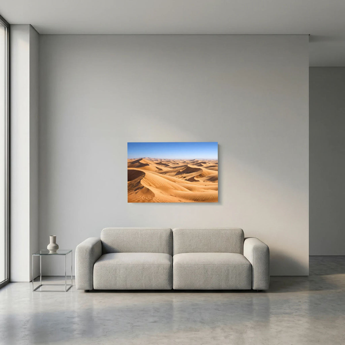 Wüstenlandschafts-Poster mit goldenen Sanddünen im Querformat, klein an der Wand
