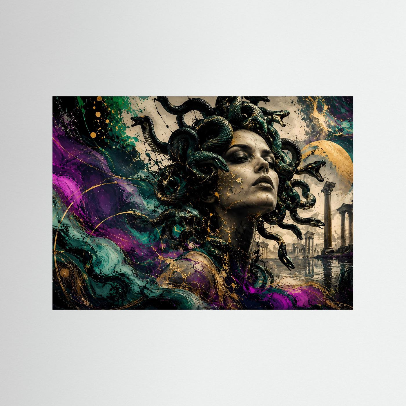 Medusa Wandbild Abstrakt | Mythologie Kunst mit Schlangen | Moderne Gorgone Wall Art | Griechische Antike Fantasy Poster | Luxus Leinwand Gold Akzente