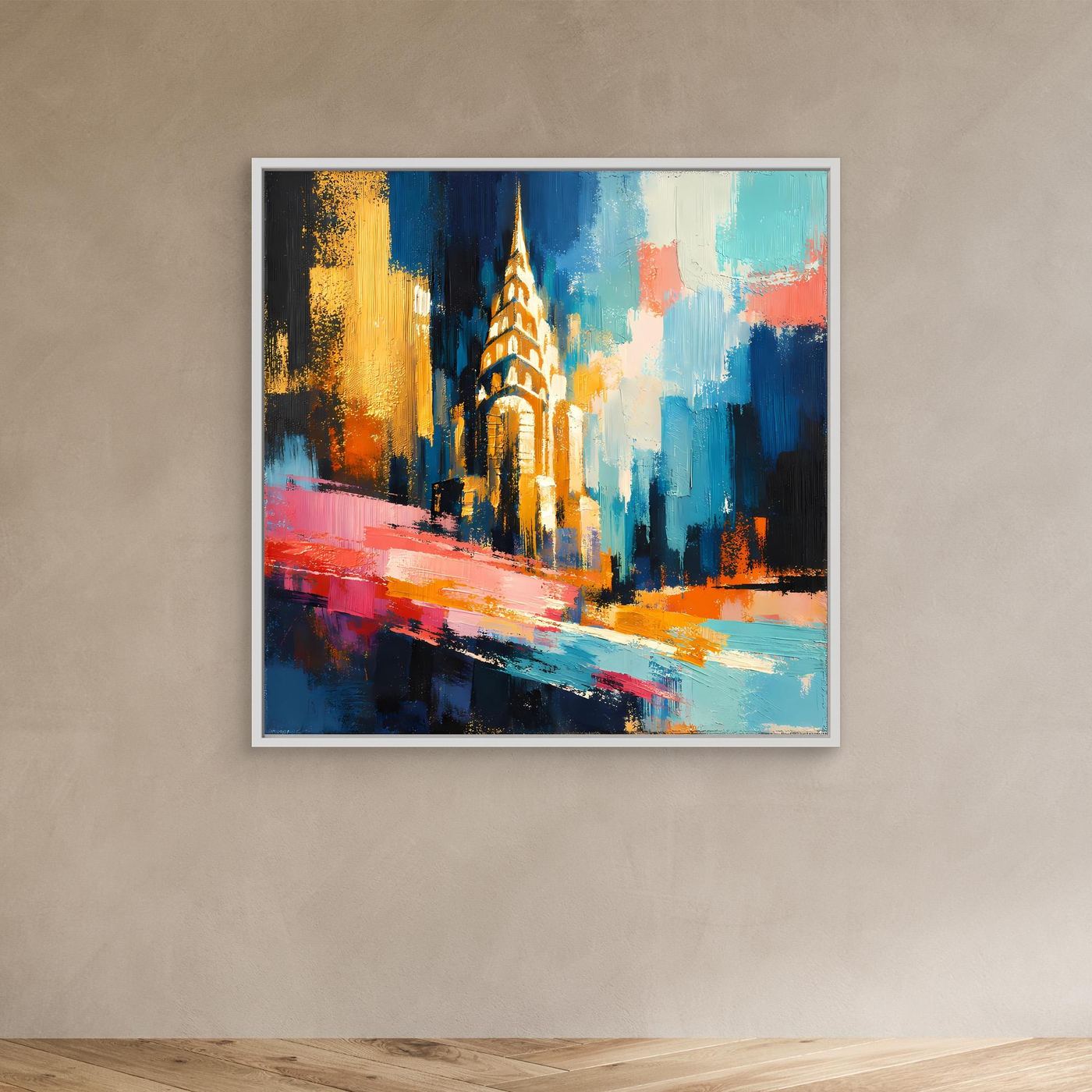 Leinwand-Wandbild im weißen Rahmen mit abstraktem Bauwerk: goldener Turm, Farbflächen