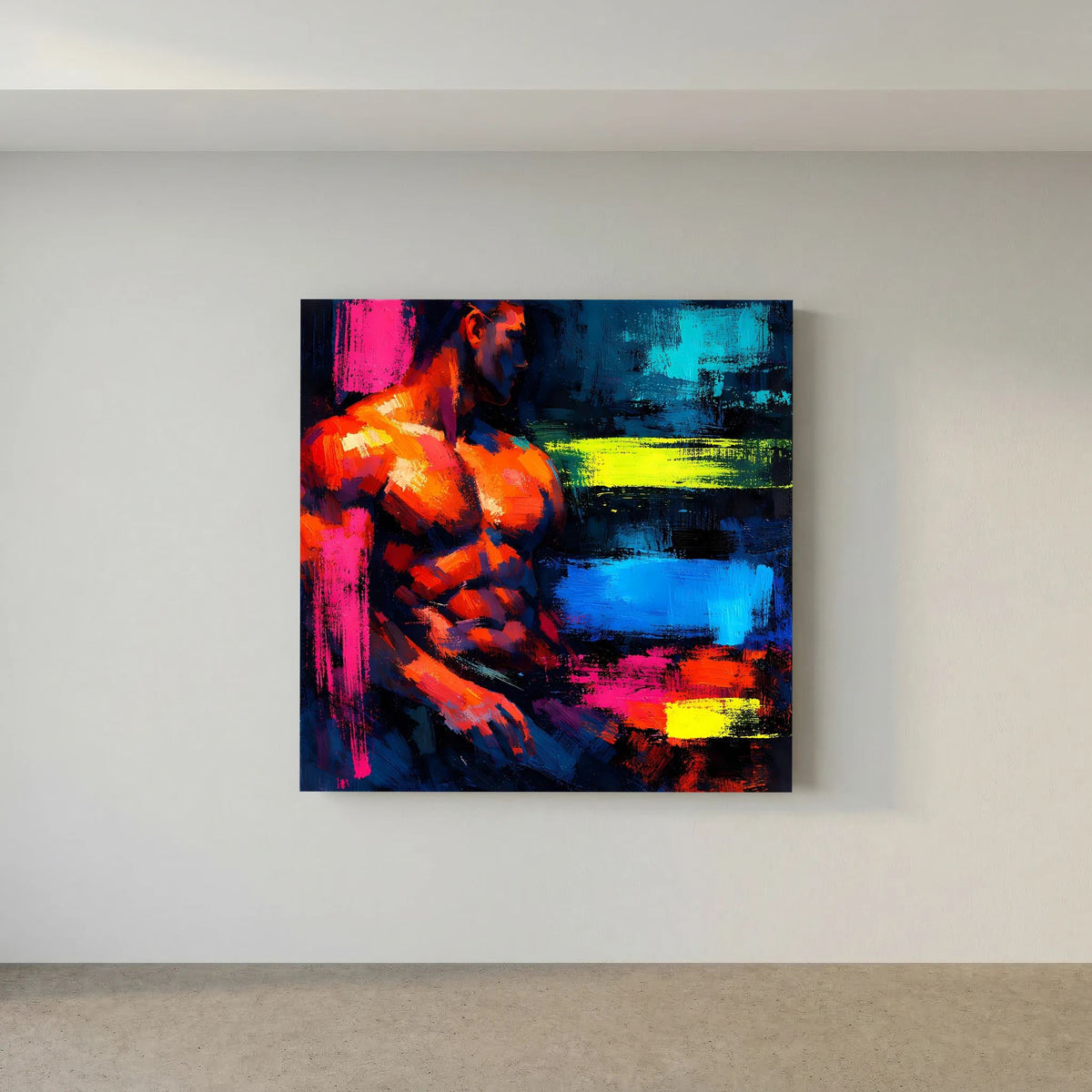 Leinwandbild mit abstraktem männlichem Torso, kräftige Neonfarben in orange, pink und blau