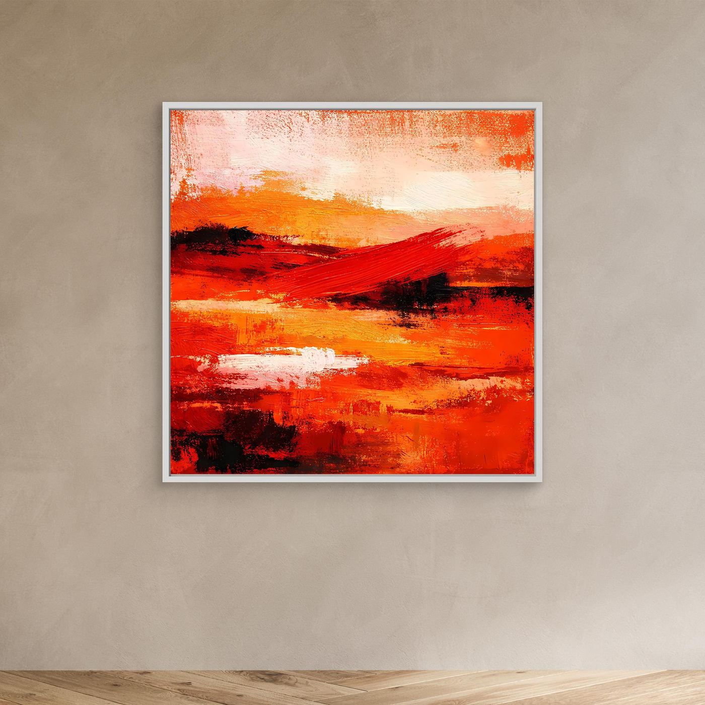 Abstraktes Leinwand-Wandbild mit roten und orangefarbenen Strukturen, weißer Einrahmen