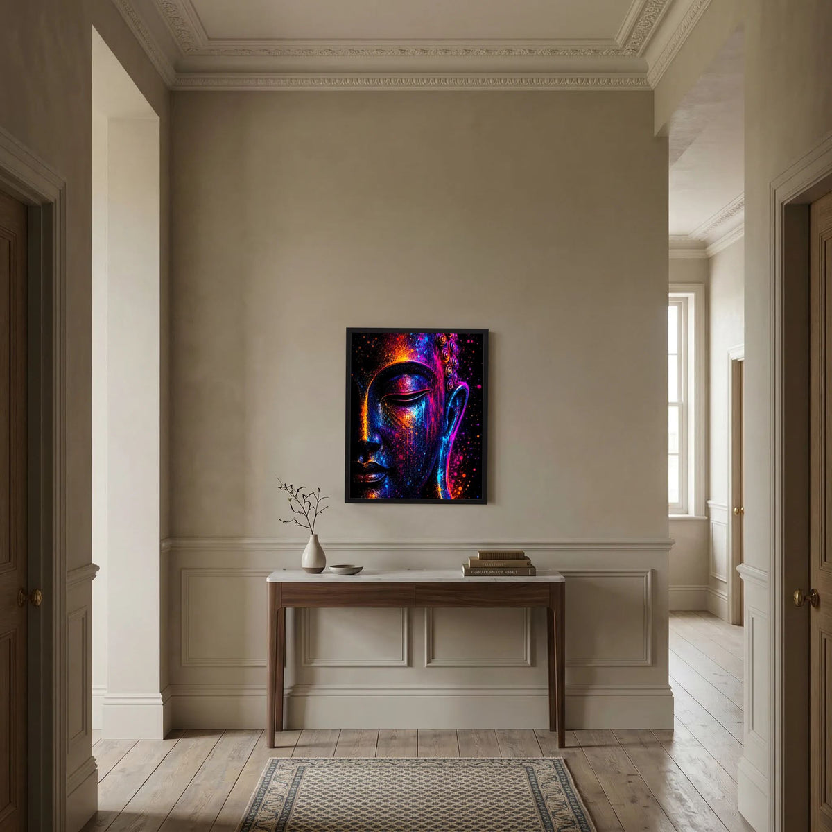 Kunstposter mit Buddha-Gesicht in Neonfarben (Pink, Blau, Orange), schwarz gerahmt