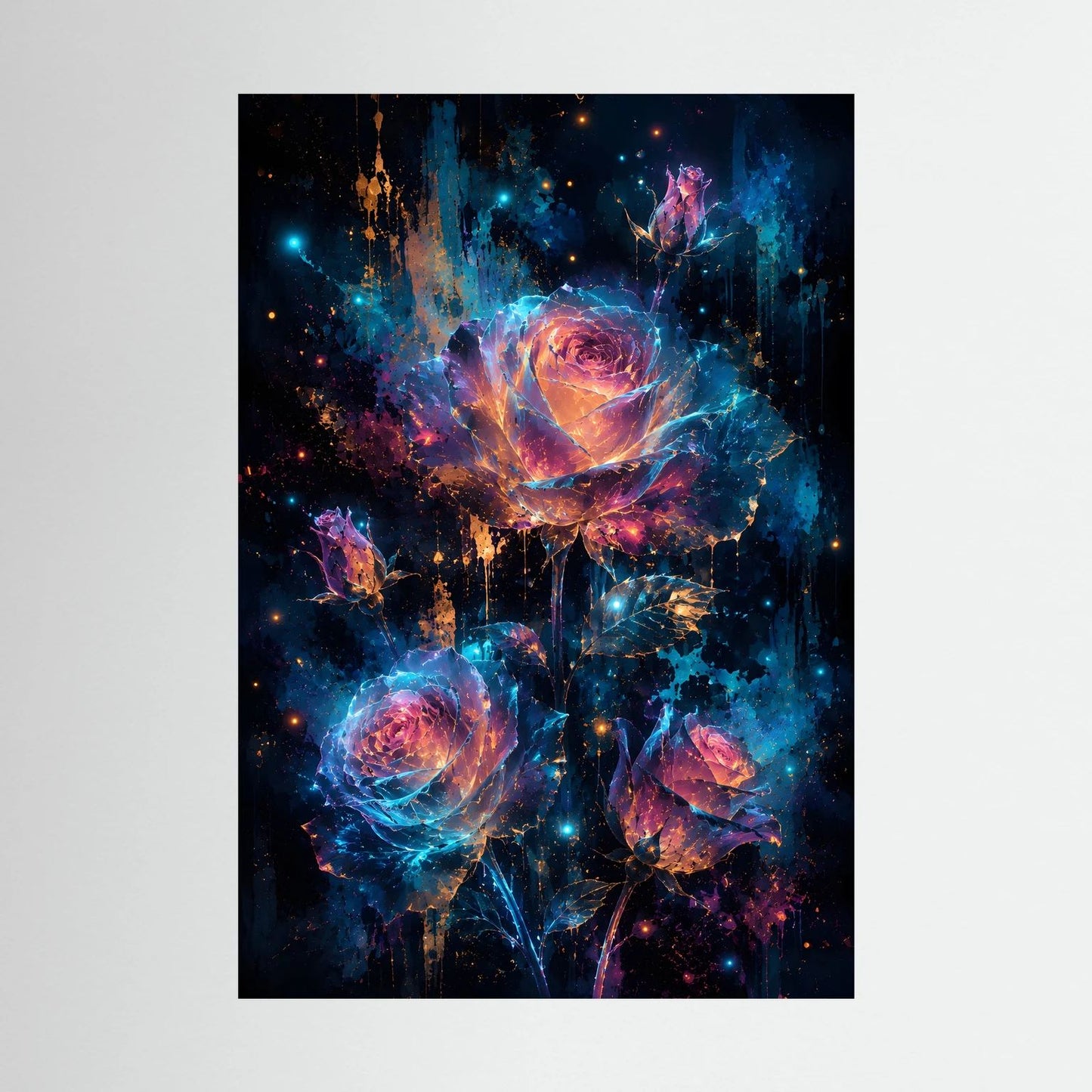 Poster mit leuchtenden Rosen in Blau, Pink und Gold, ohne sichtbaren Rahmen