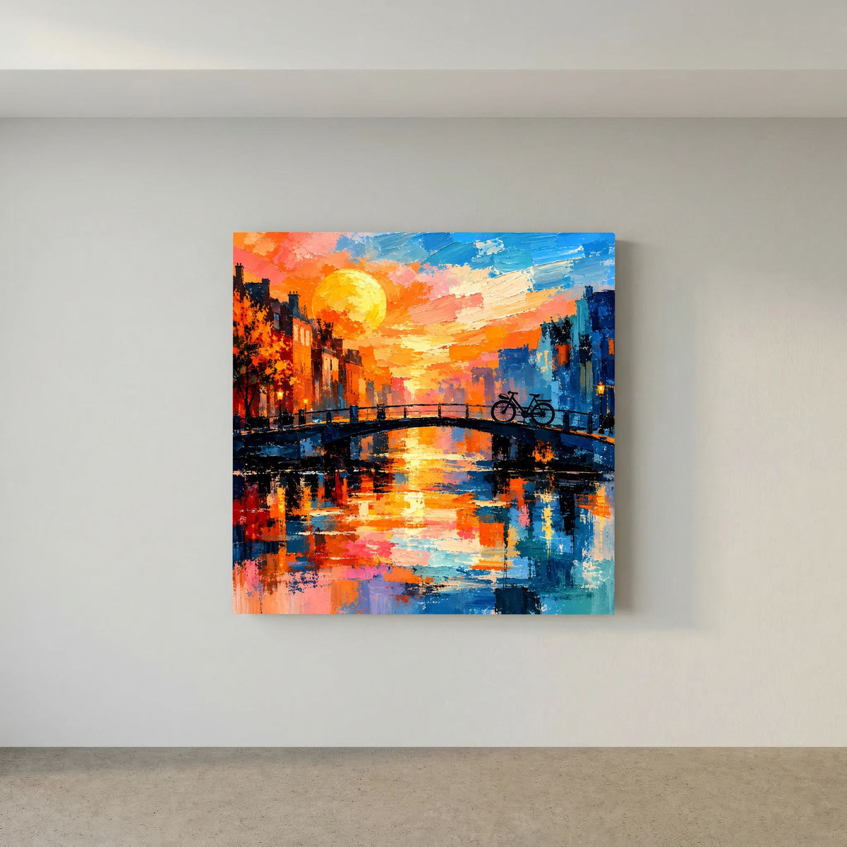 Leinwand Abstraktes Amsterdam Gemälde | Modernes Romantisches Grachten Wandbild mit Fahrrad