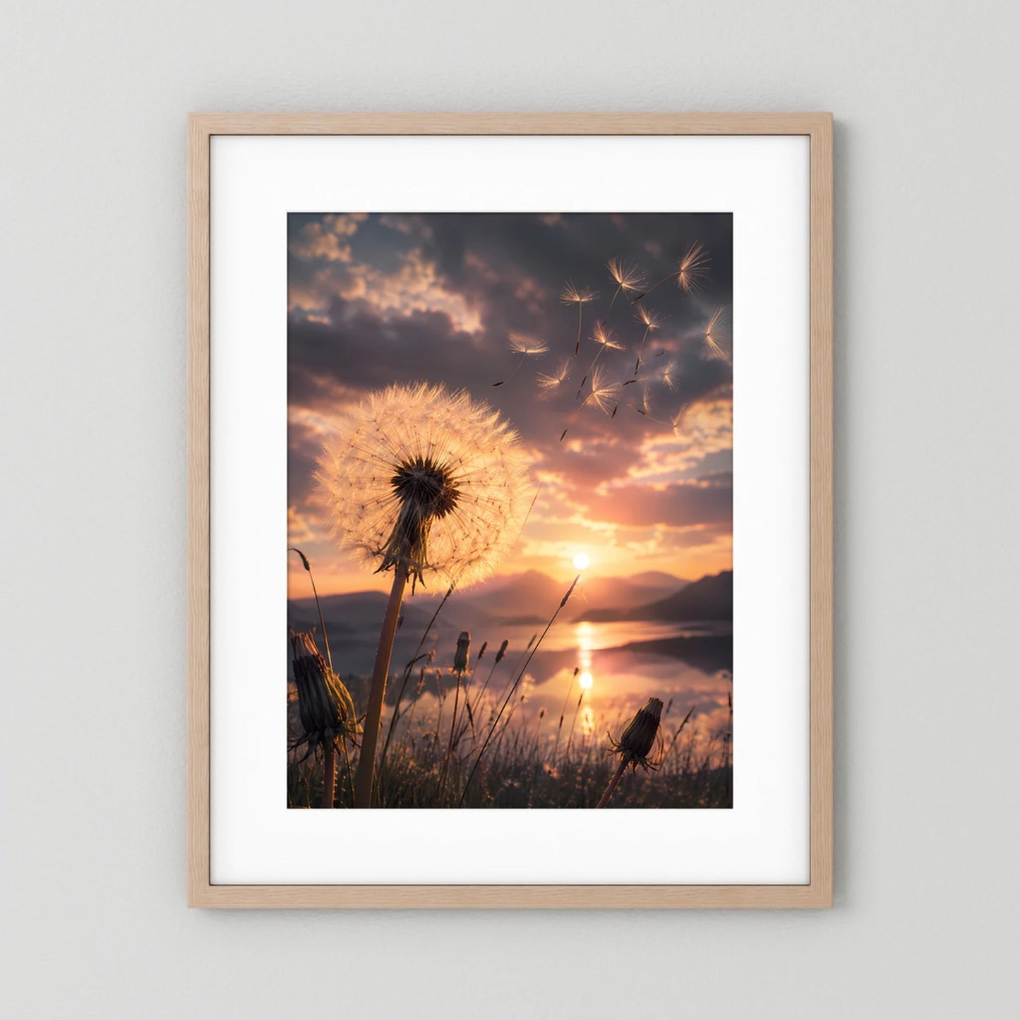 Hochformat-Poster mit Pusteblume im Sonnenuntergang im hellen Holzrahmen