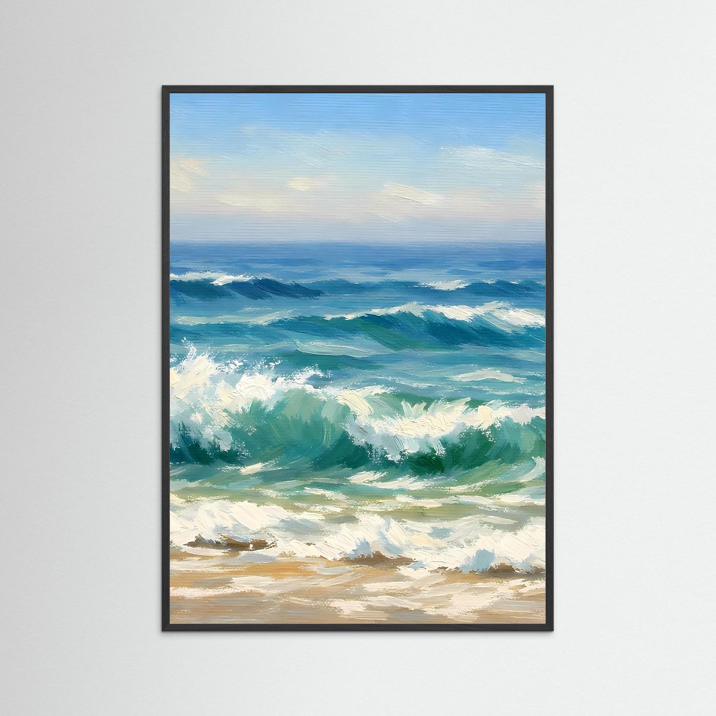 Poster mit gemalten Meereswellen am Strand in Blau- und Grüntönen, mit schwarzem Rahmen
